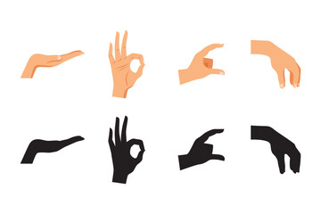 Collection of human hands making various gestures including ok, grab, and pointing signs. Perfect for app or UI design.