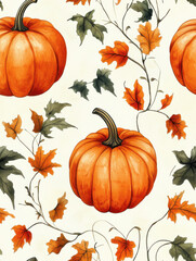 White and yellow pumpkins, orange leaves on white background. Autumn festival invitation