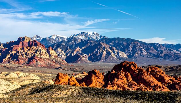 Majestic mountain range with vibrant red rock formations under a clear blue sky
