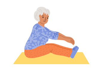 Elderly women doing yoga stretching. Older people funny lady women play sports cartoon vector. Gymnastic Pilates workout for granny. Elderly old senora fitness training exercises gymnastics yoga class