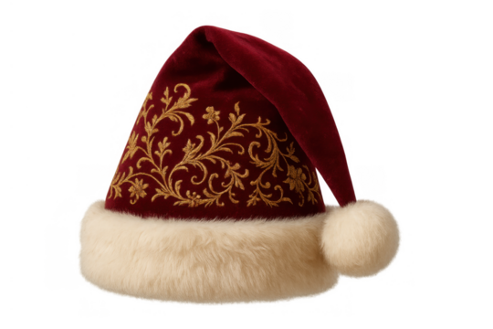 Embroidered santa hat, red velvet material, white fur trim, golden floral patterns, christmas design, transparent background
