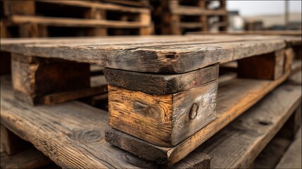 Wooden pallets stacked outdoors in a warehouse