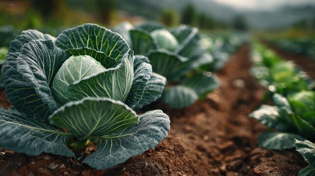 a peaceful cabbage patch under a soft sky presenting rows of thriving brassica oleracea heads in a carefully cultivated field landscape