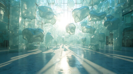 An interior space filled with translucent cloud-like sculptures suspended from the ceiling, bathed in bright sunlight creating long shadows.