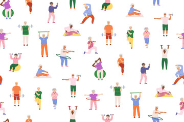 Older people play sports seamless pattern. Elderly fitness characters old men women senor senora endless background. Adult seniors running exercises gym cardio yoga stretching jogging repeat vector