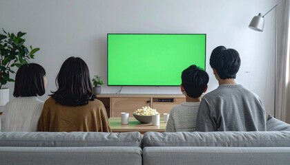 Family Watching Green Screen TV with Popcorn in Modern Living Room