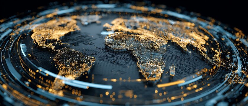 crypto banking ecosystem, global fintech connection, blue and gold tone, futuristic holographic map, secure digital system