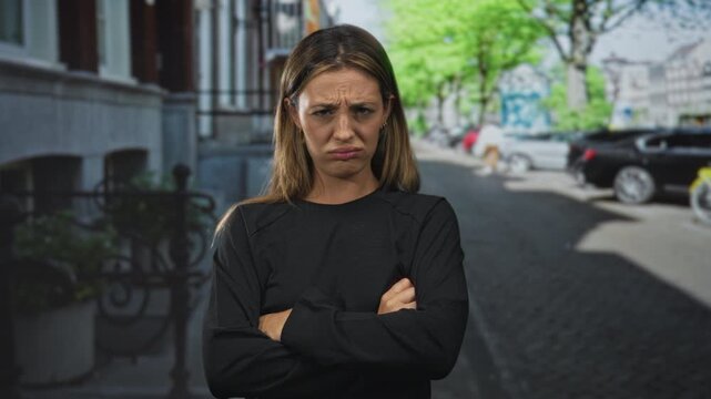 Young woman raising both hands with palms visible and furrowed brow on a city street, shoulders tense and open palm pleading gesture; frustration.