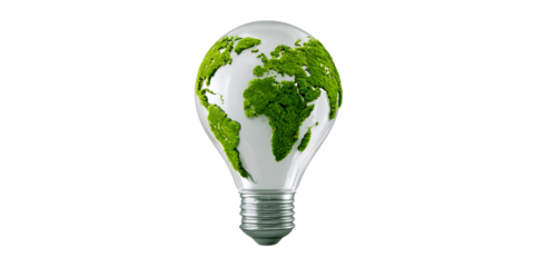 Green Earth Map on Light Bulb with Transparent Background, PNG