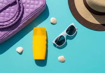 Summer beach essentials laid out on a bright blue surface
