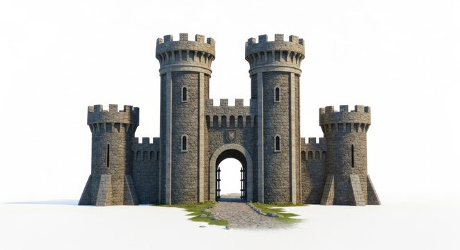 Stone castle gate with two large and two small round towers