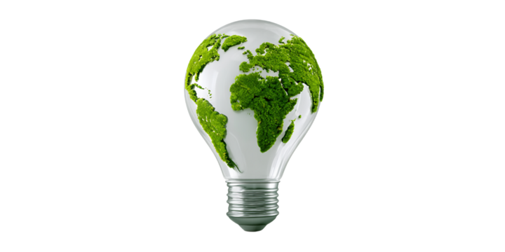Green Earth Map on Light Bulb with Transparent Background, PNG