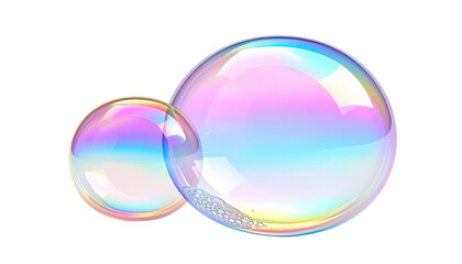 Two iridescent, translucent soap bubbles float against a stark black background, showing colorful light reflections