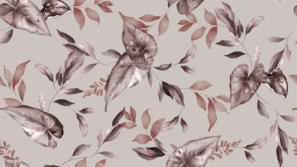 Gordijnen Bladeren Botanical seamless pattern featuring watercolor-style deep reddish-brown Caladium and long leaves on a soft brown background  © momosama