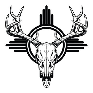 Native american deer skull with antlers and zia sun symbol design