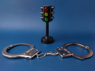 The image shows a pair of handcuffs and a toy traffic light on a blue background
