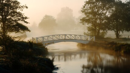 Bridge over stream in misty morning landscape