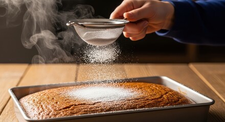 Baker Sifting Powdered Sugar Onto Freshly Baked Cake Dessert