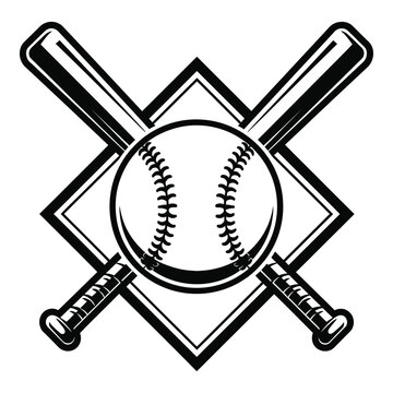 Crossed baseball bats and ball logo design in monochrome style