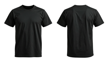 Front and back view of a black t-shirt. Simple, short-sleeved design on dark background. For apparel mockups, templates