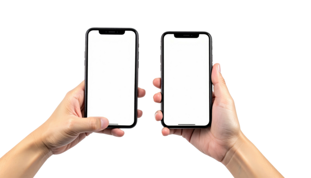 Two hands holding phones with blank white screens against a black background, displayed horizontally