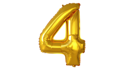 A shiny golden number four foil balloon, isolated against a stark black background