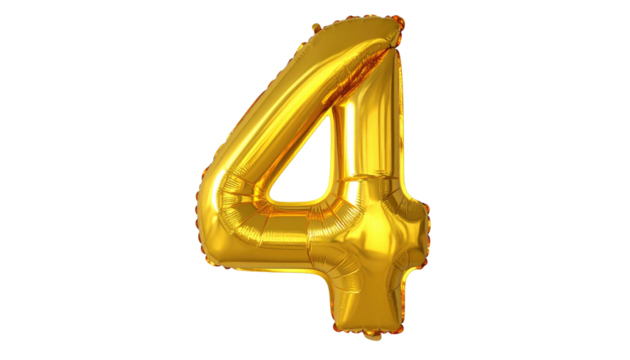 A shiny golden number four foil balloon, isolated against a stark black background