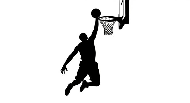 Silhouette of basketball player performing a slam dunk with basketball hoop and net on a white background