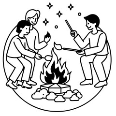 People around a campfire in black and white