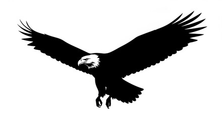 Obraz premium Black and white graphic of an eagle with its wings spread in flight against a white background