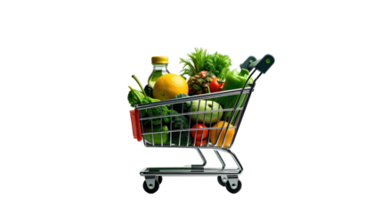 Shopping cart filled with colorful produce, isolated against a black background, side view, bright light