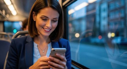 Happy smiling businesswoman in a suit using a smartphone while commuting on a city bus at night. Concept of business travel, modern technology, mobile communication, work.