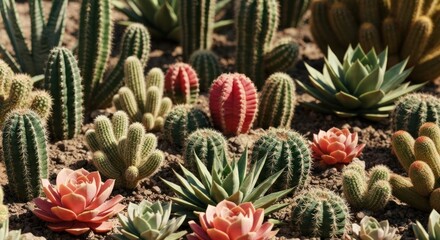 Various cacti & succulents amidst dry soil bask in sunlight
