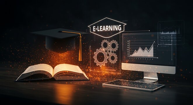 Digital E-learning Concept With Graduation Cap Open Book Computer And Gears education online learning
