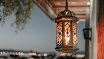 A single brass fanoos lantern with intricate cutouts glowing warmly, hanging alone against deep indigo evening sky. Soft bokeh of distant city lights below, shot from below.