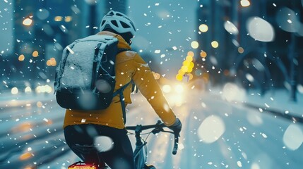 Urban cyclist braving heavy snowfall on a city street at night, illuminated by bokeh lights