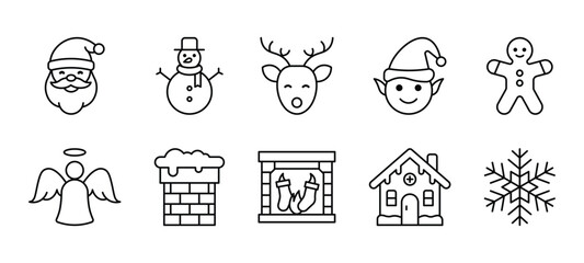 christmas holiday line icon set with santa snowman fireplace house and snowflake