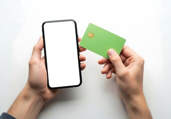 Hands holding a blank screen mobile device and a green payment card