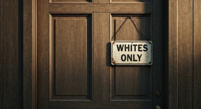 Whites Only" sign hangs on a dark wood door, symbolizing segregation