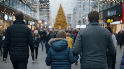 Fototapeta premium Family walking hand-in-hand in a festive city street with Christmas decorations and a large holiday tree