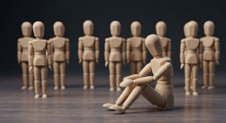 Obraz premium Wooden figure alone, seated, isolated in front of standing figures
