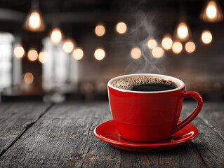 Obraz premium Hot steaming black coffee in a vibrant red ceramic cup with matching saucer placed on a rustic wooden table in a cozy ambient cafe setting with warm lighting