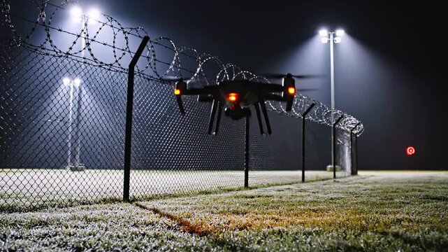 Drone hovering near a fence with razor wire, illuminated by bright floodlights at night