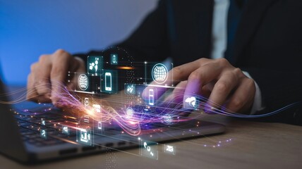 Business professional using technology, digital connections, data flow, futuristic interface