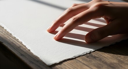 Fingers caress textured paper under sunlight