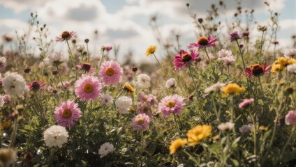 A vibrant field of colorful wildflowers blossoms under a cloudy sky, in soft focus