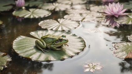 A vibrant green frog rests serenely on a lily pad in a calm pond, surrounded by flowers