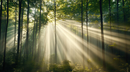 Soft golden fog rising through forest light creates peaceful atmosphere