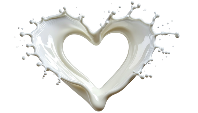 Milk splash forms a heart shape against a stark black background, a dynamic and fluid symbol of love