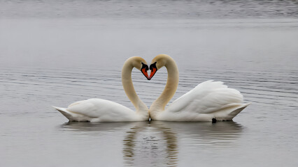 Fototapeta premium Two swans forming a heart shape with their necks in a body of water on an overcast day outdoors